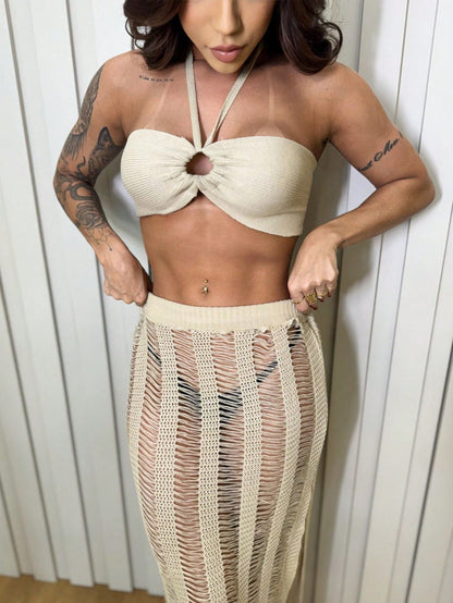 Conjunto Feminino Saída de Praia, Saia longa e Cropped Moça Moderna